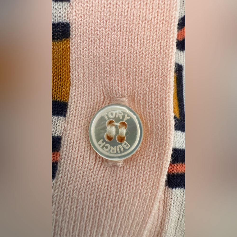 Tory Burch Wesley Cardigan Sweater Size Lrg Peach Geometric Print Silk Sleeves - Picture 6 of 16